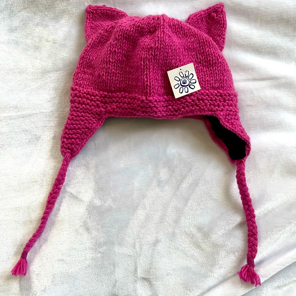 Pink Knit Winter Cat Ear Hat with Black Fleece Lining